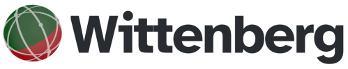 Wittenberg's current logo, a Bicoloreu-themed "connected globe" alongside the word "Wittenberg" in the Atkinson Hyperlegible font.