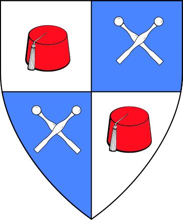 Quarterly, argent and azure. In first and fourth a fez gules tasseled of the first. In second and third, two bedposts couped of the first, saltirewise.